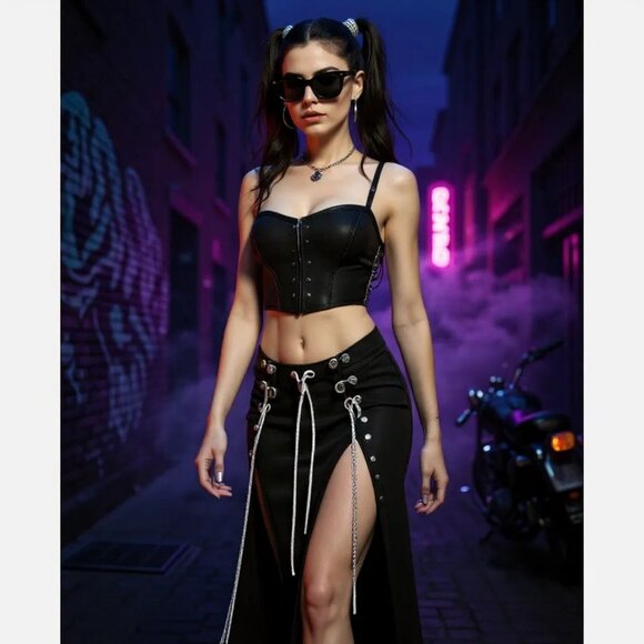 Oh Yes Lace-Up Slit Skirt W/ High Waist & Gothic Streetwear Edge – NWT M - Picture 5 of 8
